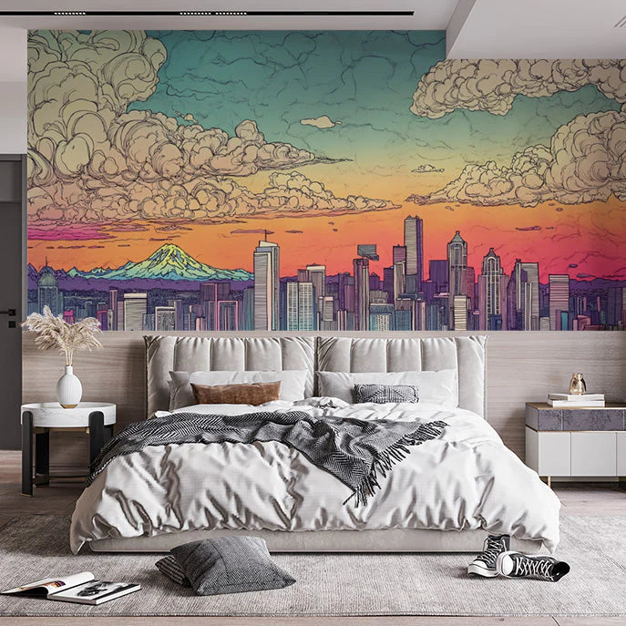 Dreamy Seattle Skyline Mural Serene Bedroom Escape Mural Wallpaper - pure wallpaper artwork