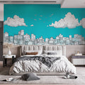 Teal and White Cityscape Mural Wallpaper in Bedroom Teal and White Cityscape Mural Wallpaper - pure wallpaper artwork