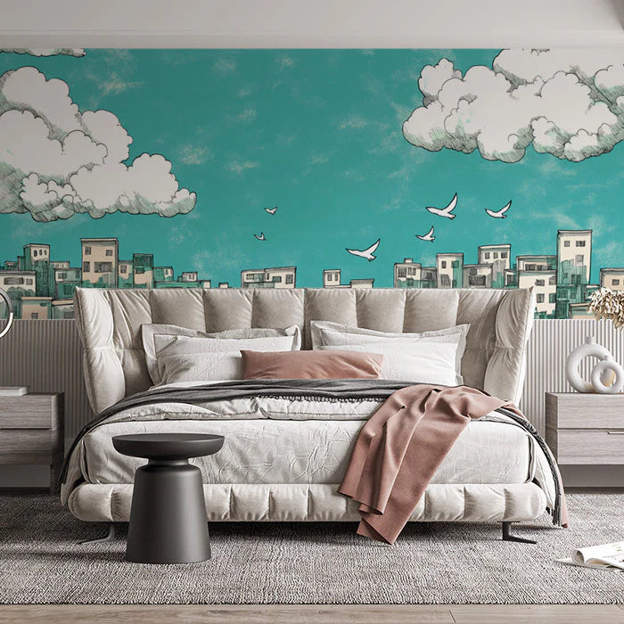 Teal and White Cityscape Mural Wallpaper in Bedroom Teal and White Cityscape Mural Wallpaper - pure wallpaper artwork