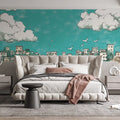 Teal and White Cityscape Mural Wallpaper in Bedroom Teal and White Cityscape Mural Wallpaper - pure wallpaper artwork