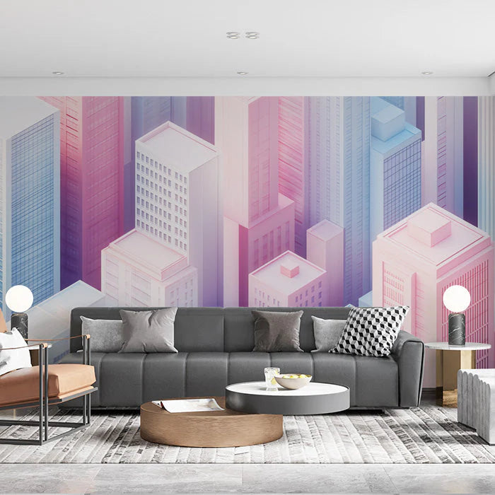 Colorful 3D Cityscape Mural Wallpaper for a living room Various Colors (Pink, Blue, etc.) Mural Wallpaper - pure wallpaper artwork