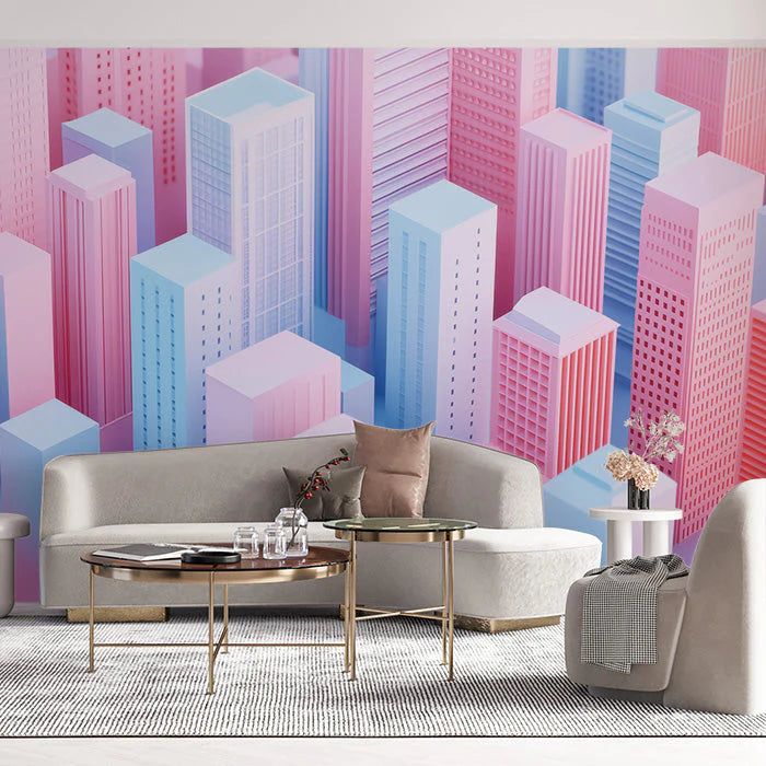 Colorful 3D Cityscape Mural Wallpaper in Office or Living Room Various Colors (Pink, Blue, etc.) Mural Wallpaper