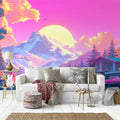 Pink and Purple Mountain Sunset Mural Wallpaper in Living Room Pink and Purple Mountain Sunset Mural Wallpaper - pure wallpaper artwork
