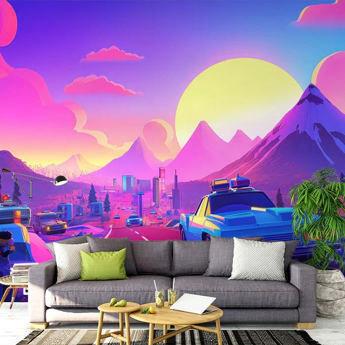 Pink and Purple Mountain Sunset Mural Wallpaper in Living Room Pink and Purple Mountain Sunset Mural Wallpaper