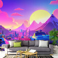 Pink and Purple Mountain Sunset Mural Wallpaper in Living Room Pink and Purple Mountain Sunset Mural Wallpaper - pure wallpaper artwork