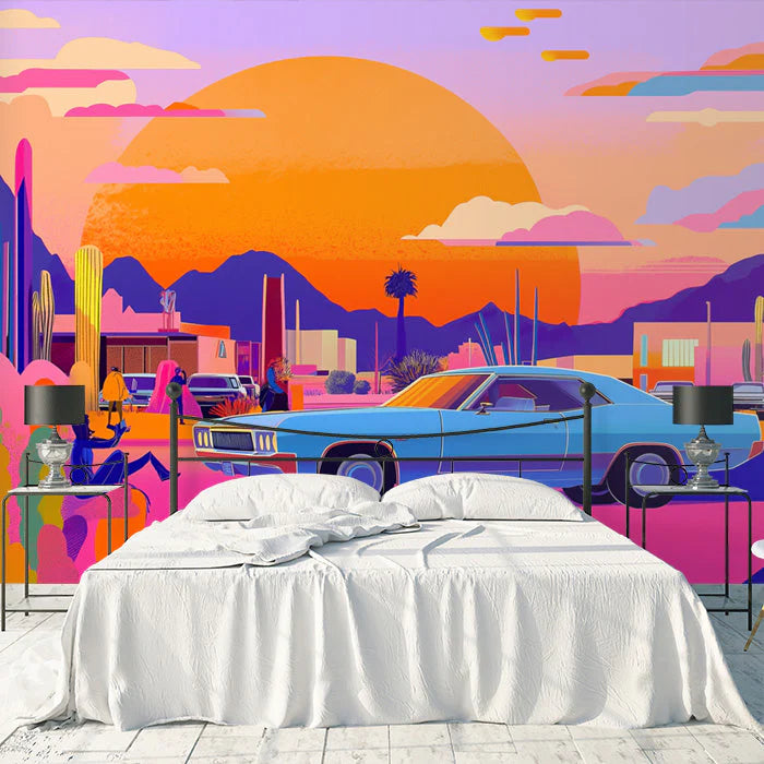 Orange Desert Sunset Mural Wallpaper in Bedroom Various Colors (Orange, Purple, etc.) of Desert Sunset Mural Wallpaper