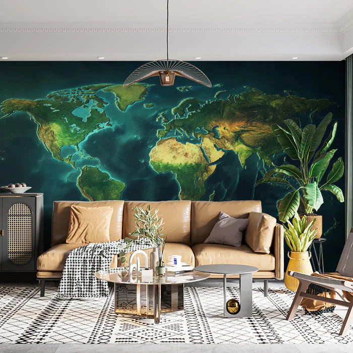 3D World Map Mural Wallpaper for a living room Various Colors (Blue, Orange, etc.) of World Map Mural Wallpaper