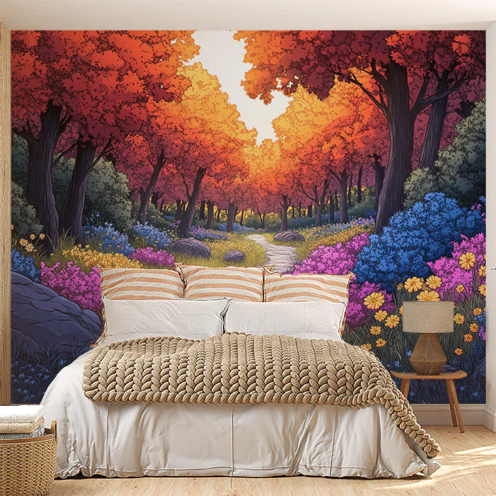 Autumn Forest Mural Wallpaper in Bedroom Various Colors (Red, Orange, Blue, etc.) of Autumn Forest Mural Wallpaper