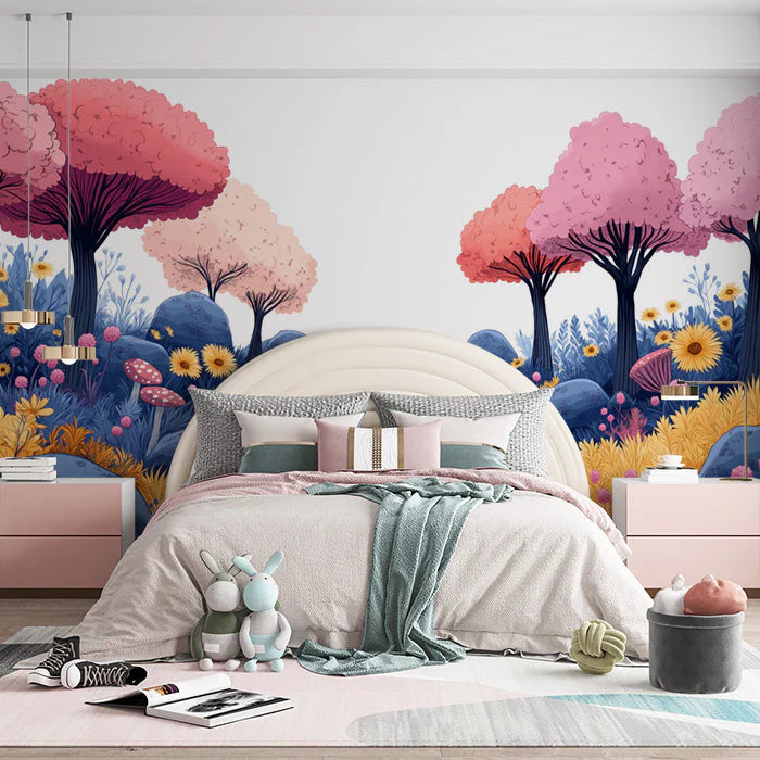 Pink and Blue Forest Mural Wallpaper in Bedroom Various Colors (Pink, Blue, Yellow, etc.) of Forest Mural Wallpaper