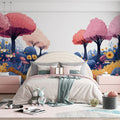 Pink and Blue Forest Mural Wallpaper in Bedroom Various Colors (Pink, Blue, Yellow, etc.) of Forest Mural Wallpaper - pure wallpaper artwork