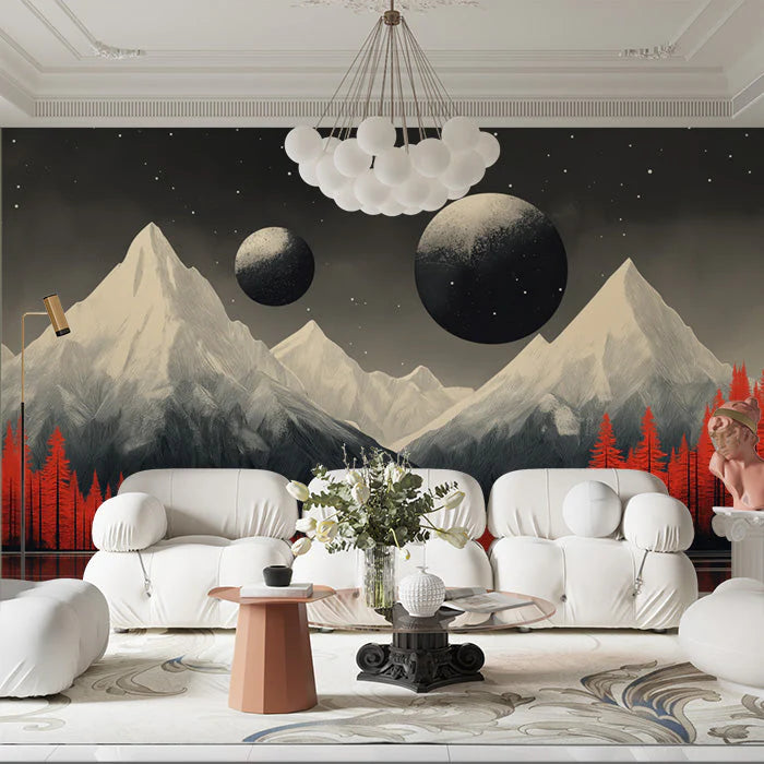 Mountain and Planets Mural Wallpaper in Living Room Black, White, Red Mountain and Planets Mural Wallpaper