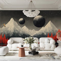 Mountain and Planets Mural Wallpaper in Living Room Black, White, Red Mountain and Planets Mural Wallpaper - pure wallpaper artwork