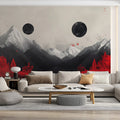 Mountain and Planets Mural Wallpaper in Living Room Black, White, Red Mountain and Planets Mural Wallpaper - pure wallpaper artwork