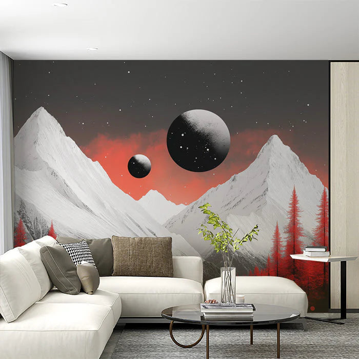 Mountain and Planets Mural Wallpaper in Living Room Black, White, Red Mountain and Planets Mural Wallpaper - pure wallpaper artwork