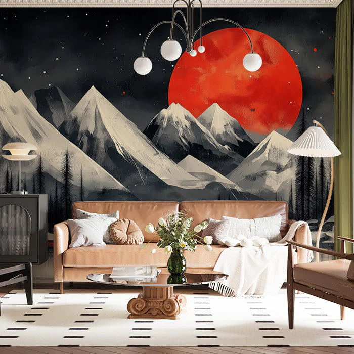 Mountain and Red Moon Mural Wallpaper in Living Room Black, White, Red Moon and Mountain Mural Wallpaper - pure wallpaper artwork
