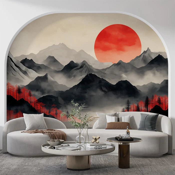 Mountain and Red Moon Mural Wallpaper in Living Room Black, White, Red Moon and Mountain Mural Wallpaper - pure wallpaper artwork