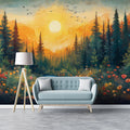 Forest and Sun Mural Wallpaper in Living Room Various Colors (Yellow, Green, etc.) of Forest and Sun Mural Wallpaper - pure wallpaper artwork