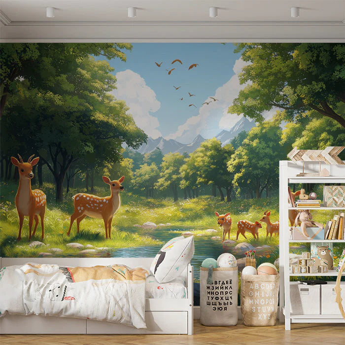 Deers in Forest Mural Wallpaper in Bedroom Various Colors (Green, Brown, etc.) of Deesr in Forest Mural Wallpaper