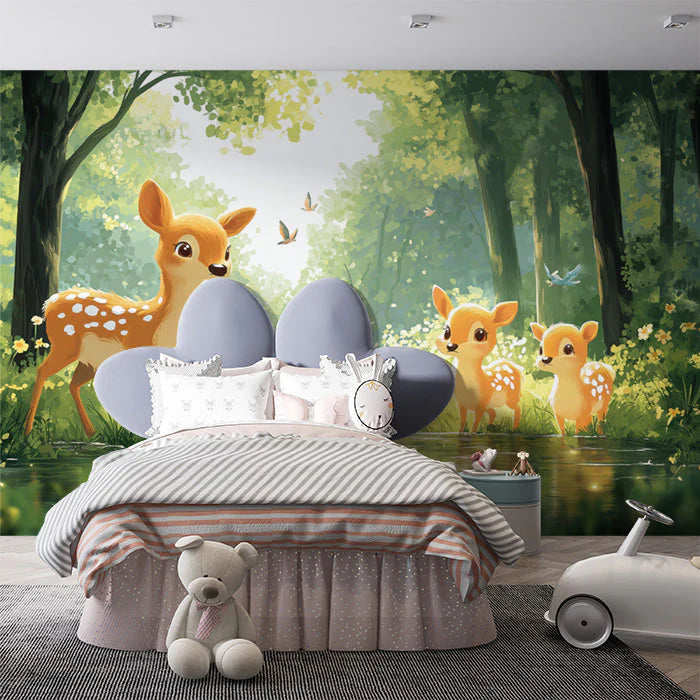 Deers in Forest Mural Wallpaper in Bedroom Various Colors (Green, Brown, etc.) of Deesr in Forest Mural Wallpaper