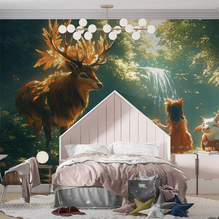 Deer and Girls in Forest Mural Wallpaper in Bedroom Various Colors (Green, Brown, etc.) of Deer and Girl Mural Wallpaper - pure wallpaper artwork