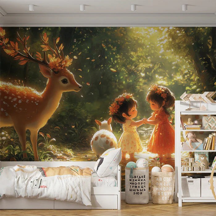 Deer and Girl in Forest Mural Wallpaper in Bedroom Various Colors (Green, Brown, etc.) of Deer and Girl Mural Wallpaper - pure wallpaper artwork