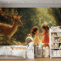 Deer and Girl in Forest Mural Wallpaper in Bedroom Various Colors (Green, Brown, etc.) of Deer and Girl Mural Wallpaper - pure wallpaper artwork