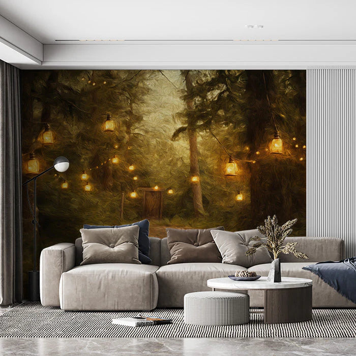 Forest with Lanterns Mural Wallpaper in Living Room Various Colors (Brown, Yellow, etc.) Mural Wallpaper