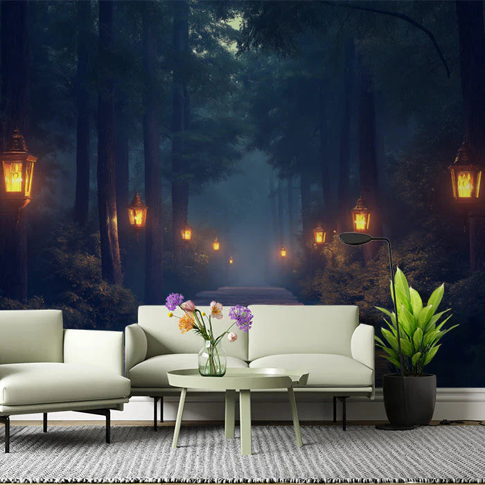 Mystic Forest with Lanterns Mural Wallpaper in Living Room Dark Blue, Yellow Mystic Forest Mural Wallpaper - pure wallpaper artwork