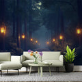 Mystic Forest with Lanterns Mural Wallpaper in Living Room Dark Blue, Yellow Mystic Forest Mural Wallpaper - pure wallpaper artwork