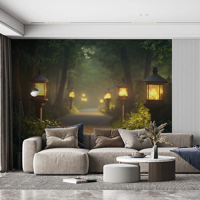 Mystic Forest with Lanterns Mural Wallpaper in Living Room Dark Blue, Yellow Mystic Forest Mural Wallpaper