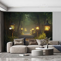 Mystic Forest with Lanterns Mural Wallpaper in Living Room Dark Blue, Yellow Mystic Forest Mural Wallpaper - pure wallpaper artwork