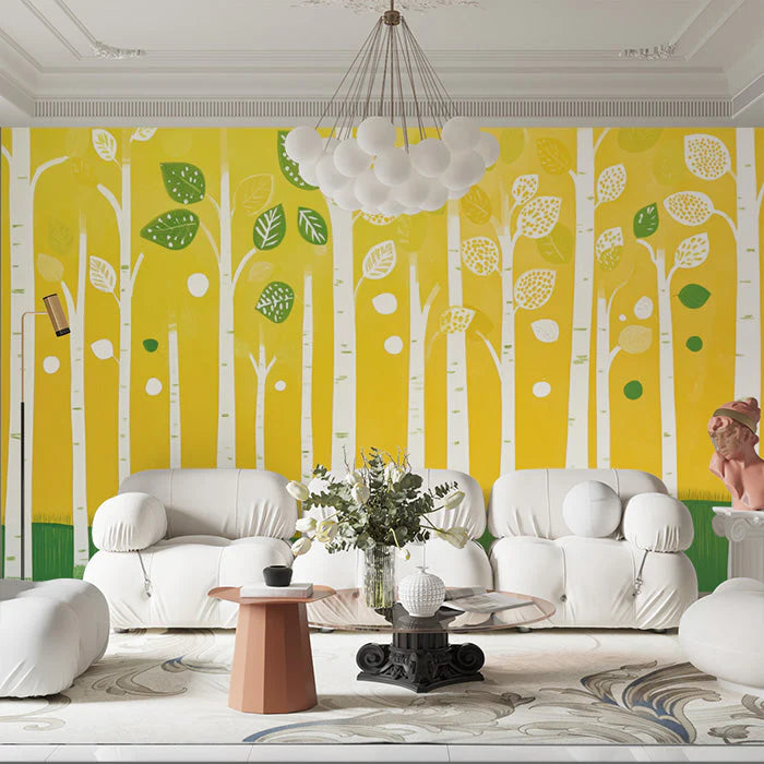Abstract Yellow and Green Tree Mural Wallpaper in Living Room Yellow, Green Trees Mural Wallpaper - pure wallpaper artwork