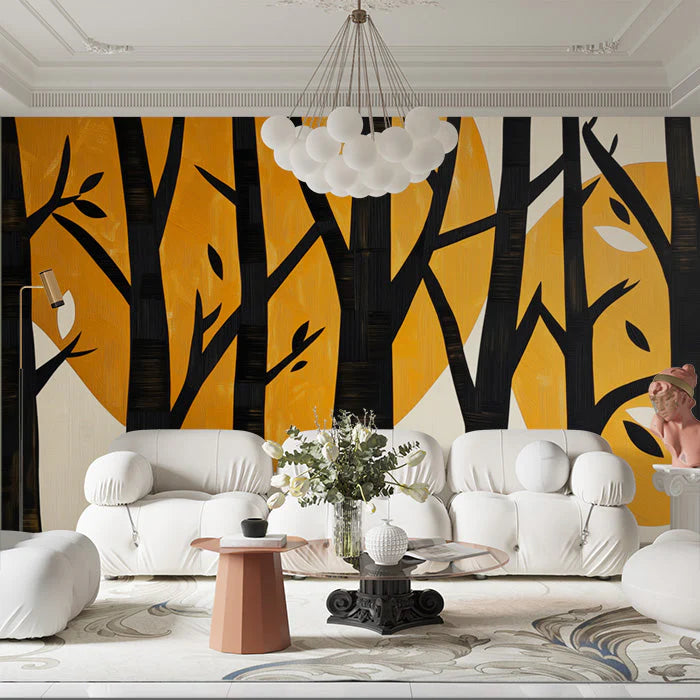 Black and Yellow Tree Mural Wallpaper in Living Room Black, Yellow Trees Mural Wallpaper