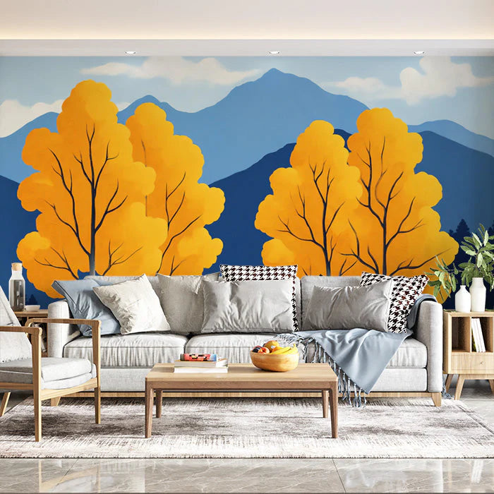 Blue and Yellow Tree Mural Wallpaper for a living room Blue, Yellow Trees Mural Wallpaper