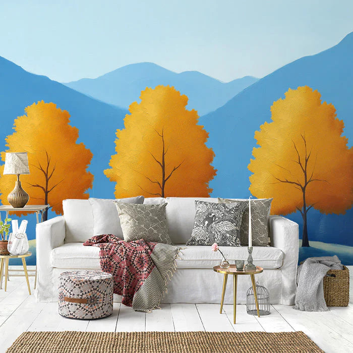 Blue and Yellow Tree Mural Wallpaper in Living Room Blue, Yellow Trees Mural Wallpaper