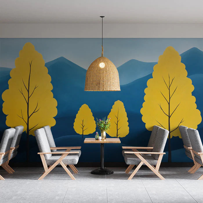 Blue and Yellow Tree Mural Wallpaper for a Restaurant Blue, Yellow Trees Mural Wallpaper