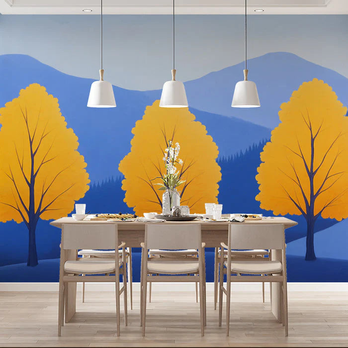 Blue and Yellow Tree Mural Wallpaper in Dining Room Blue, Yellow Trees Mural Wallpaper - pure wallpaper artwork