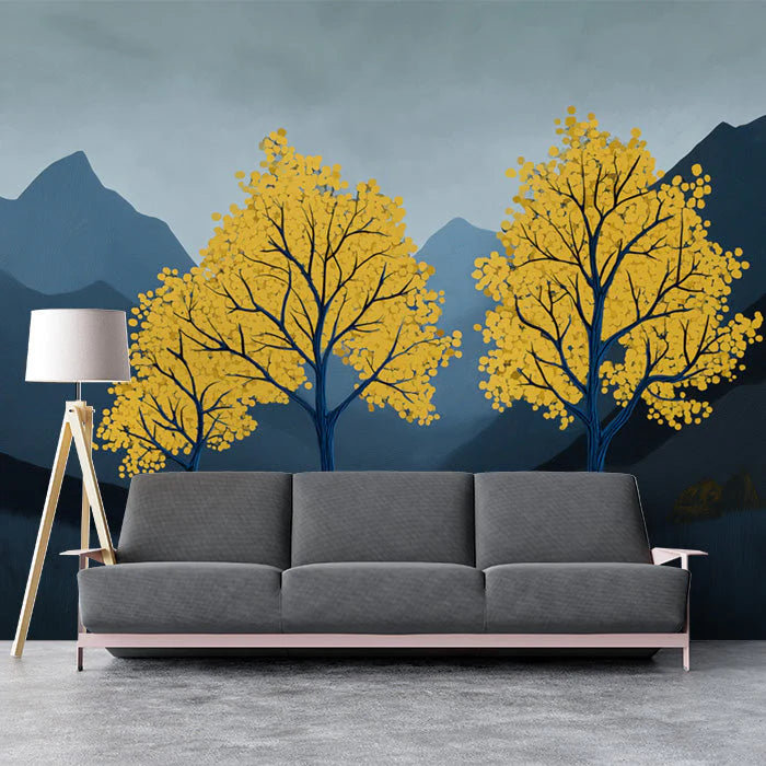 Dark Blue and Yellow Tree Mural Wallpaper in Living Room Dark Blue, Yellow Trees Mural Wallpaper