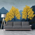 Dark Blue and Yellow Tree Mural Wallpaper in Living Room Dark Blue, Yellow Trees Mural Wallpaper - pure wallpaper artwork