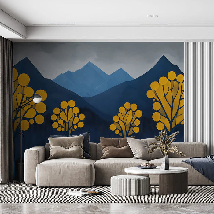 Dark Blue and Yellow Tree Mural Wallpaper in Living Room Dark Blue, Yellow Trees Mural Wallpaper - pure wallpaper artwork