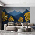 Dark Blue and Yellow Tree Mural Wallpaper in Living Room Dark Blue, Yellow Trees Mural Wallpaper - pure wallpaper artwork