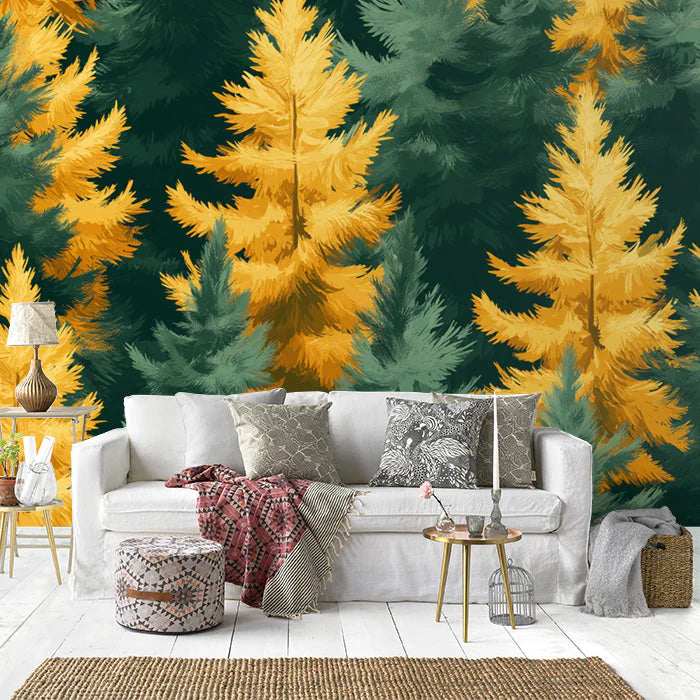 Green and Yellow Pine Tree Mural Wallpaper in Living Room Green, Yellow Pine Trees Mural Wallpaper - pure wallpaper artwork