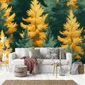 Green and Yellow Pine Tree Mural Wallpaper in Living Room Green, Yellow Pine Trees Mural Wallpaper - pure wallpaper artwork