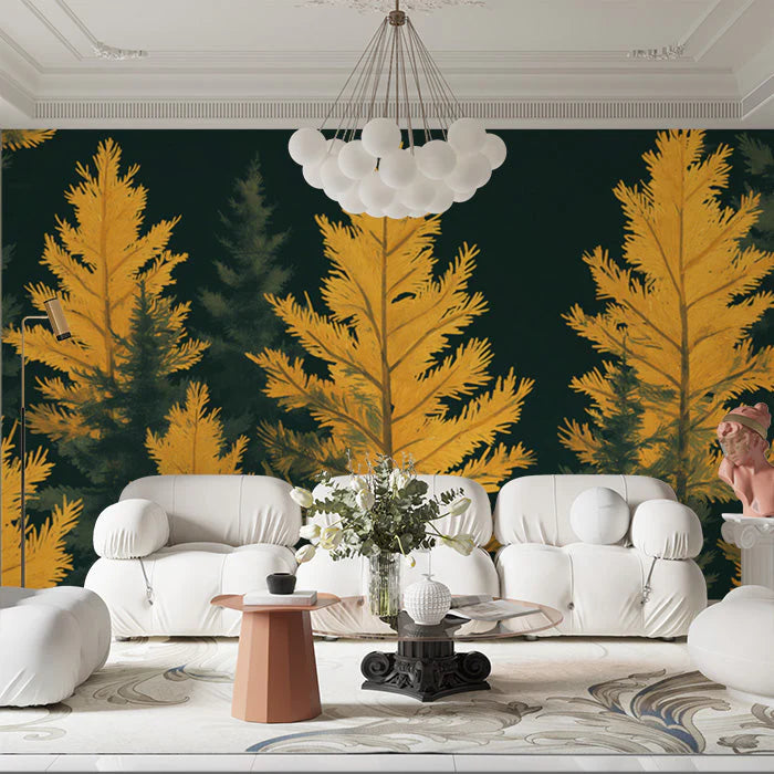 Green and Yellow Pine Tree Mural Wallpaper in Living Room Green, Yellow Pine Trees Mural Wallpaper