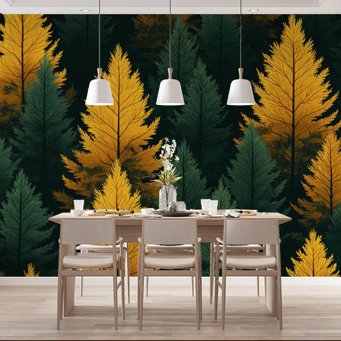 Green and Yellow Pine Tree Mural Wallpaper in a dining room Green, Yellow Pine Trees Mural Wallpaper - pure wallpaper artwork