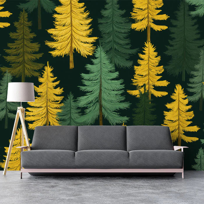 Green and Yellow Pine Tree Mural Wallpaper in Living Room Green, Yellow Pine Trees Mural Wallpaper - pure wallpaper artwork