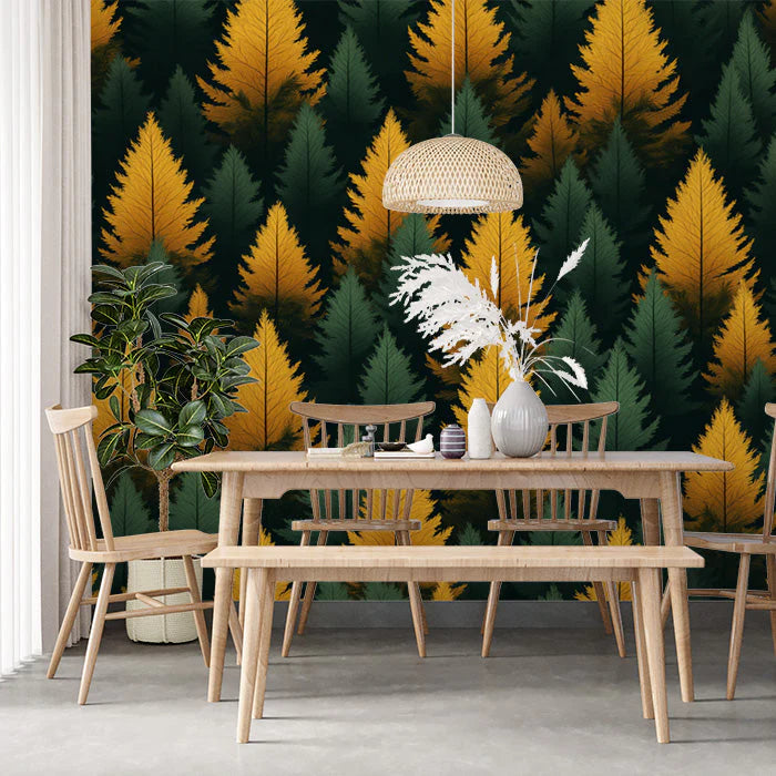 Green and Yellow Pine Tree Mural Wallpaper for a Dining Room Green, Yellow Pine Trees Mural Wallpaper - pure wallpaper artwork