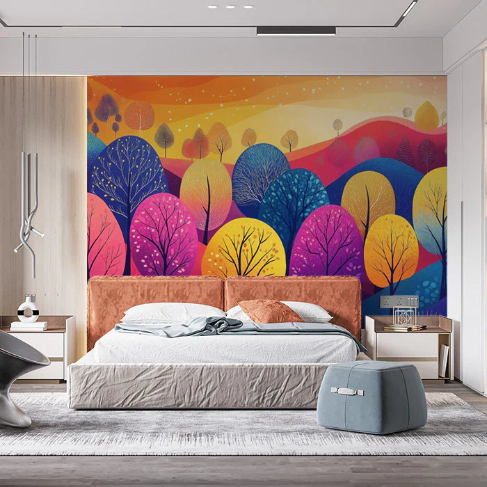 Colorful Tree Mural Wallpaper in Bedroom Various Colors (Pink, Blue, Yellow, etc.) Trees Mural Wallpaper - pure wallpaper artwork