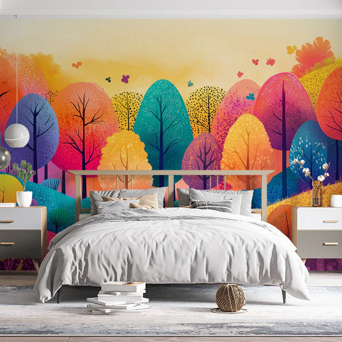 Colorful Tree Mural Wallpaper in Bedroom Various Colors (Pink, Blue, Yellow, etc.) Trees Mural Wallpaper - pure wallpaper artwork