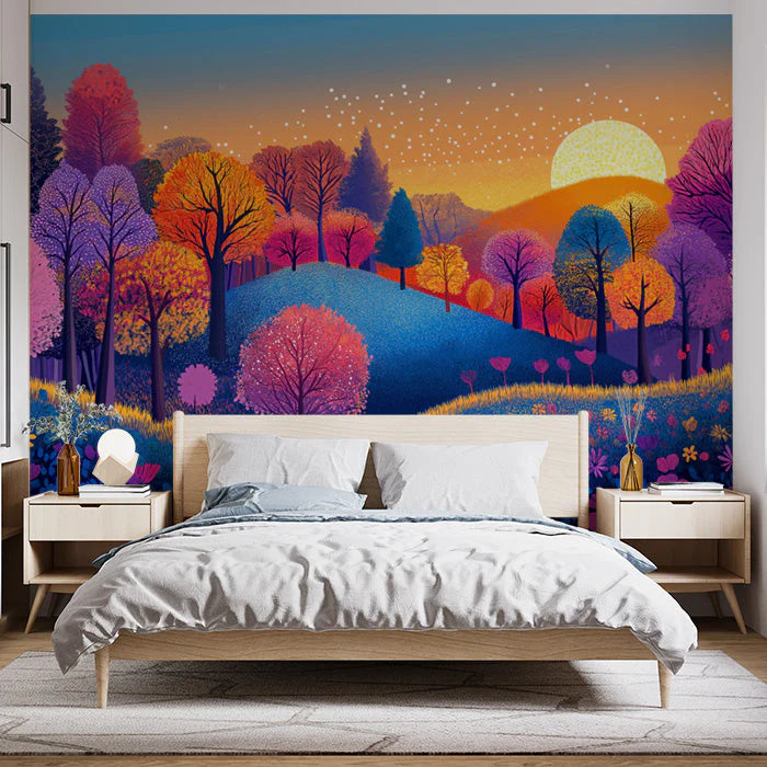 Colorful Tree Mural Wallpaper in Bedroom Various Colors (Pink, Blue, Yellow, etc.) Trees Mural Wallpaper - pure wallpaper artwork